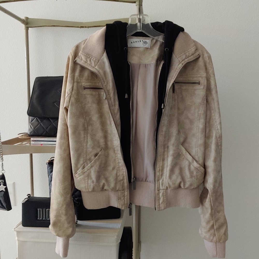 Faux Leather Hoodie Bomber Jacket Cream, Beige, Black